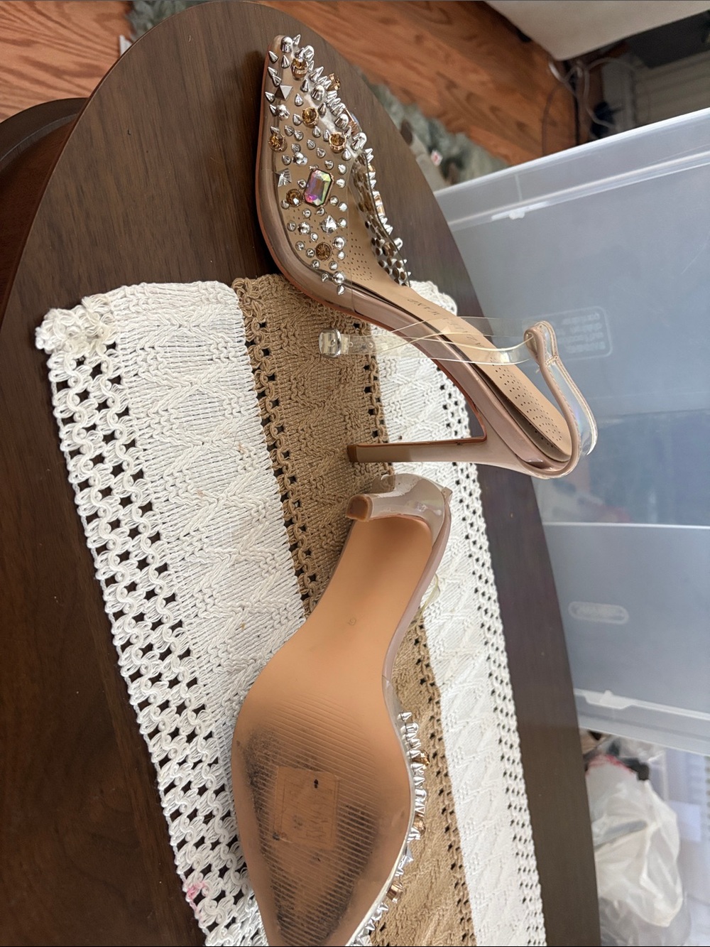 Embellished Nude Pointed-Toe Slingback Heels - Designer Style - Picture 3 of 3